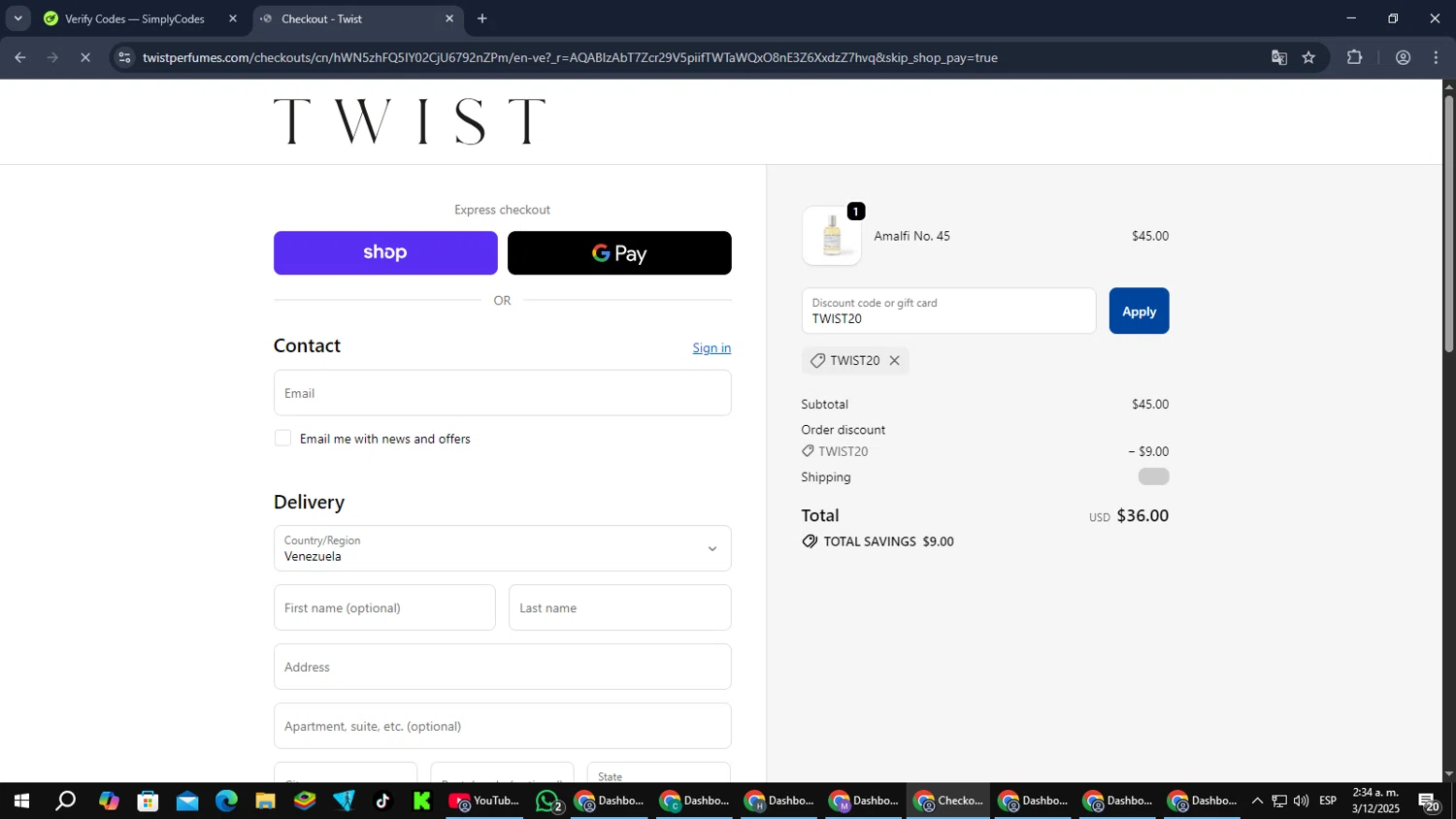 Twist Perfumes promo code screenshot showing code TWIST20 applied at Twist Perfumes checkout page. Uploaded by SimplyCodes community member SmartMaverick5327 on Dec 3, 2025