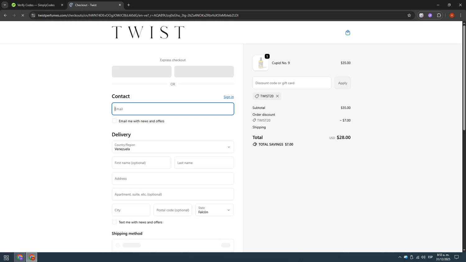 Twist Perfumes checkout page showing Twist Perfumes promo code box | Screenshot taken by SimplyCodes community member on Dec 31, 2025