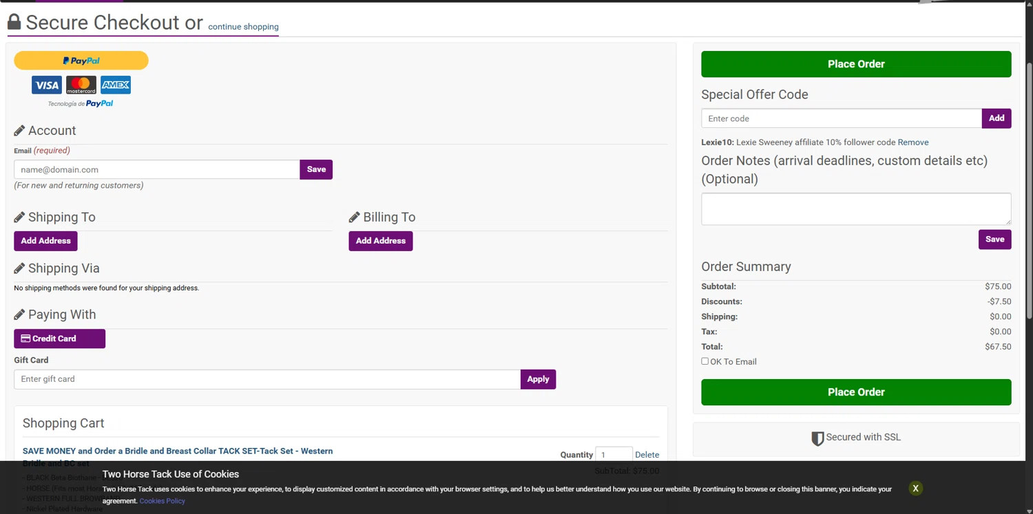 Two Horse Tack promo code screenshot showing code Lexie10 applied at Two Horse Tack checkout page. Uploaded by SimplyCodes community member BudgetSage1378 on Apr 10, 2026