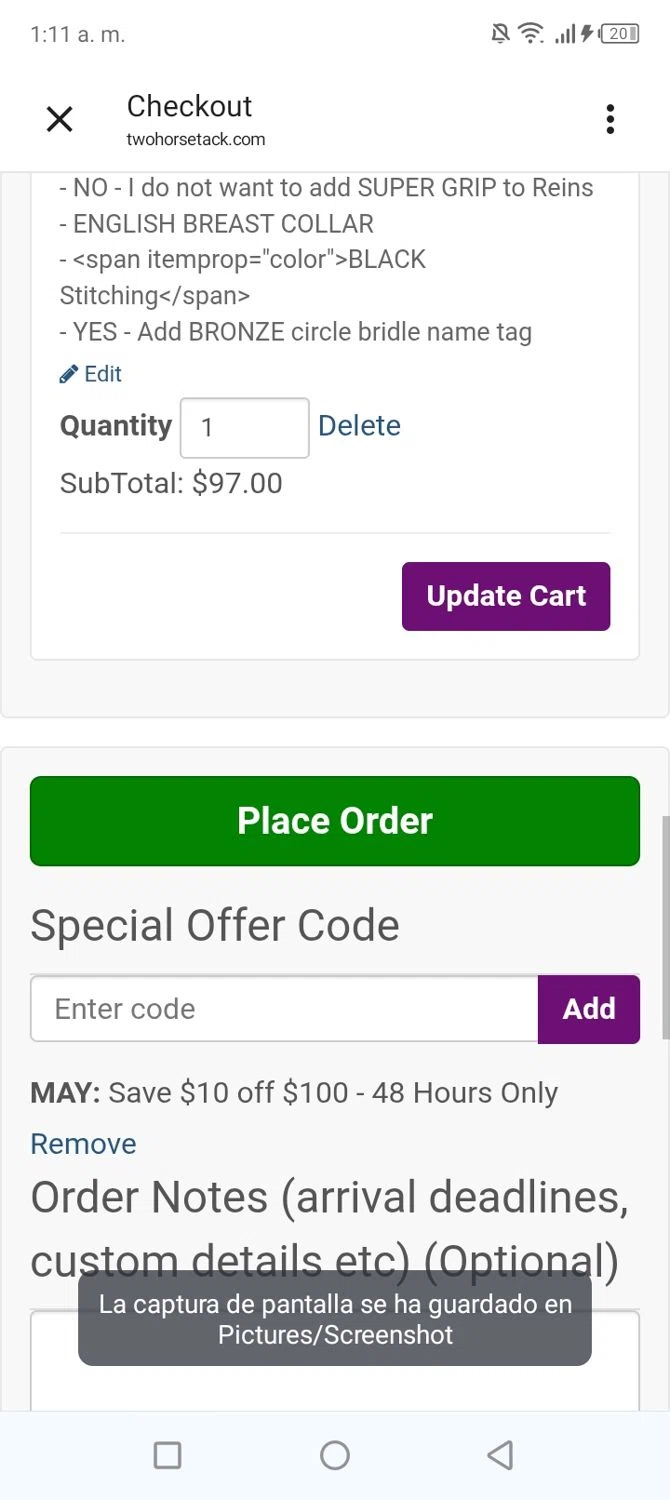 Two Horse Tack promo code screenshot showing code May applied at Two Horse Tack checkout page. Uploaded by SimplyCodes community member BonusVoyager4214 on May 13, 2026