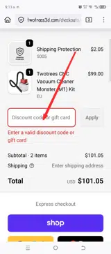 Two Trees coupon verification screenshot