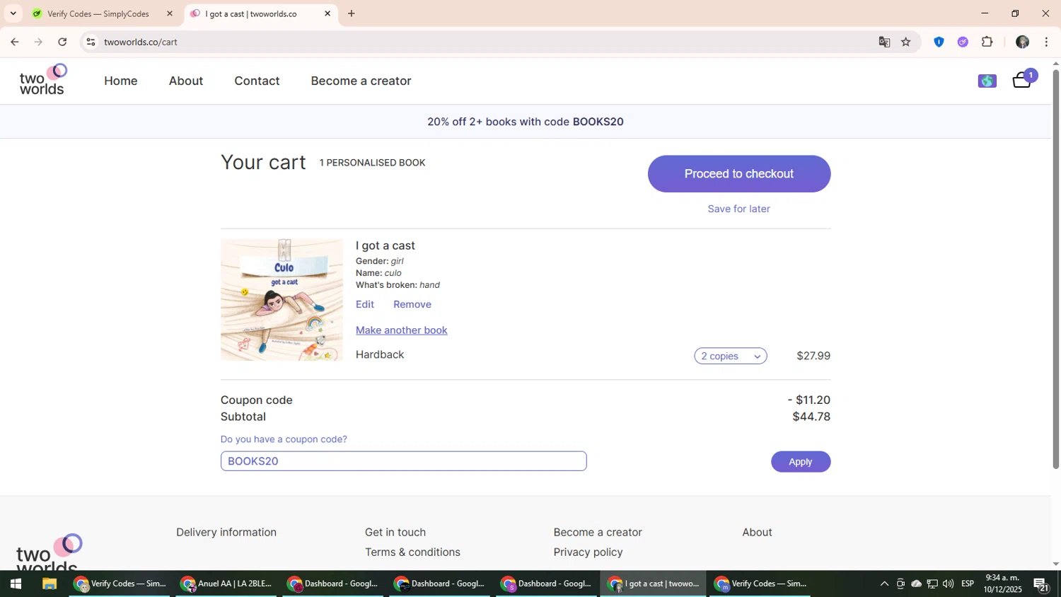 Two Worlds promo code screenshot showing code BOOKS20 applied at Two Worlds checkout page. Uploaded by SimplyCodes community member CleverLynx6871 on Dec 10, 2025