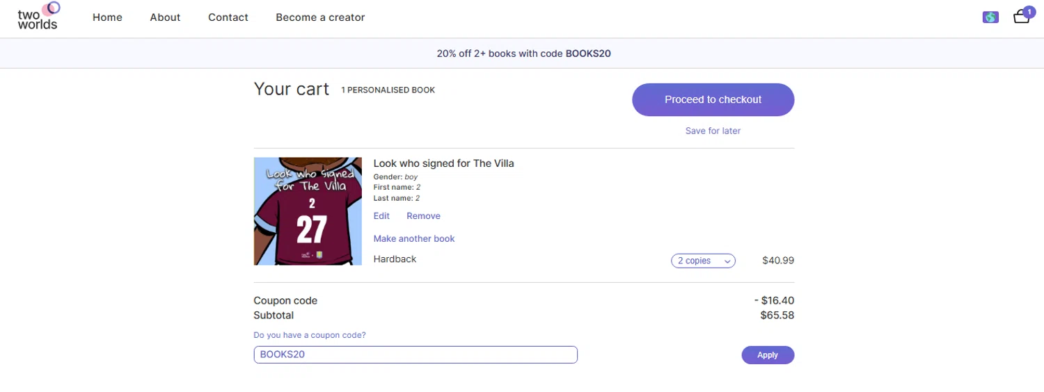 Two Worlds promo code screenshot showing code BOOKS20 applied at Two Worlds checkout page. Uploaded by SimplyCodes community member OnlywM on Nov 11, 2025