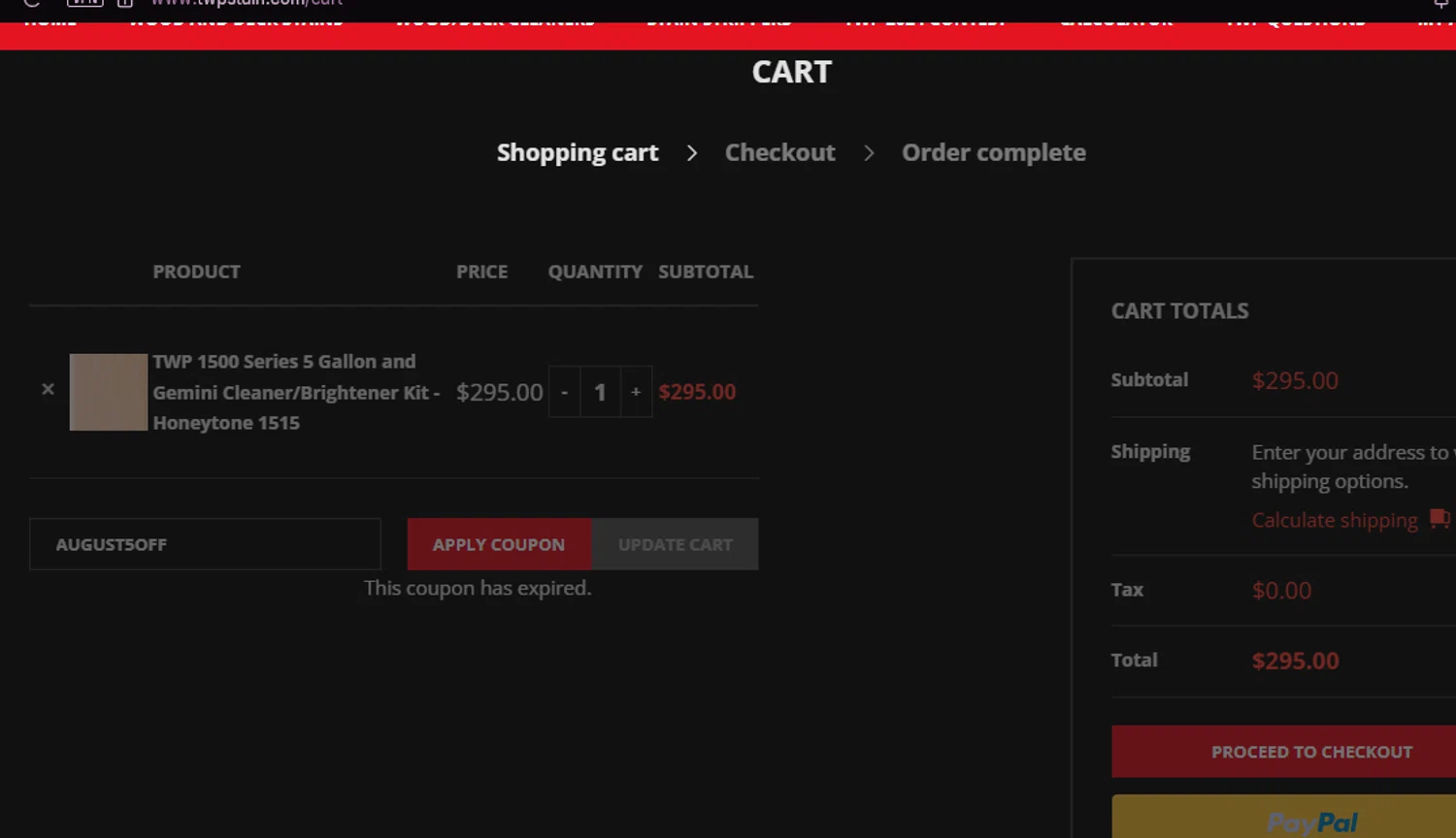 TWP Stain promo code screenshot showing code august5off applied at TWP Stain checkout page. Uploaded by SimplyCodes community member chepipi on Sep 28, 2025