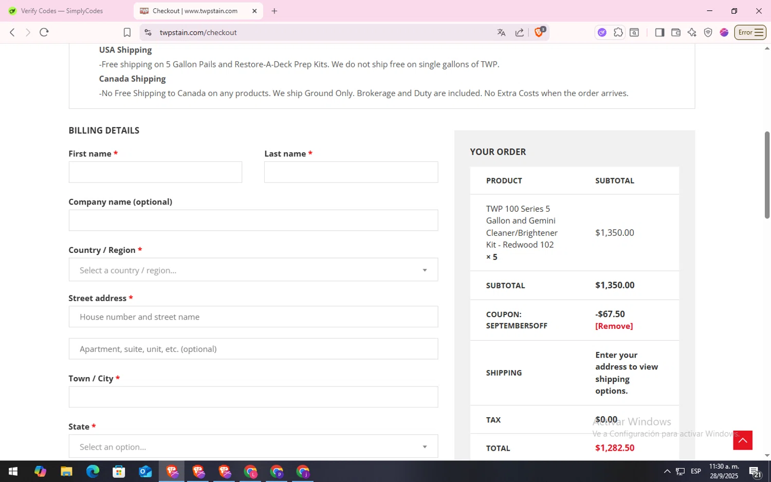 TWP Stain promo code screenshot showing code SEPTEMBER5OFF applied at TWP Stain checkout page. Uploaded by SimplyCodes community member CodeLynx5272 on Sep 28, 2025