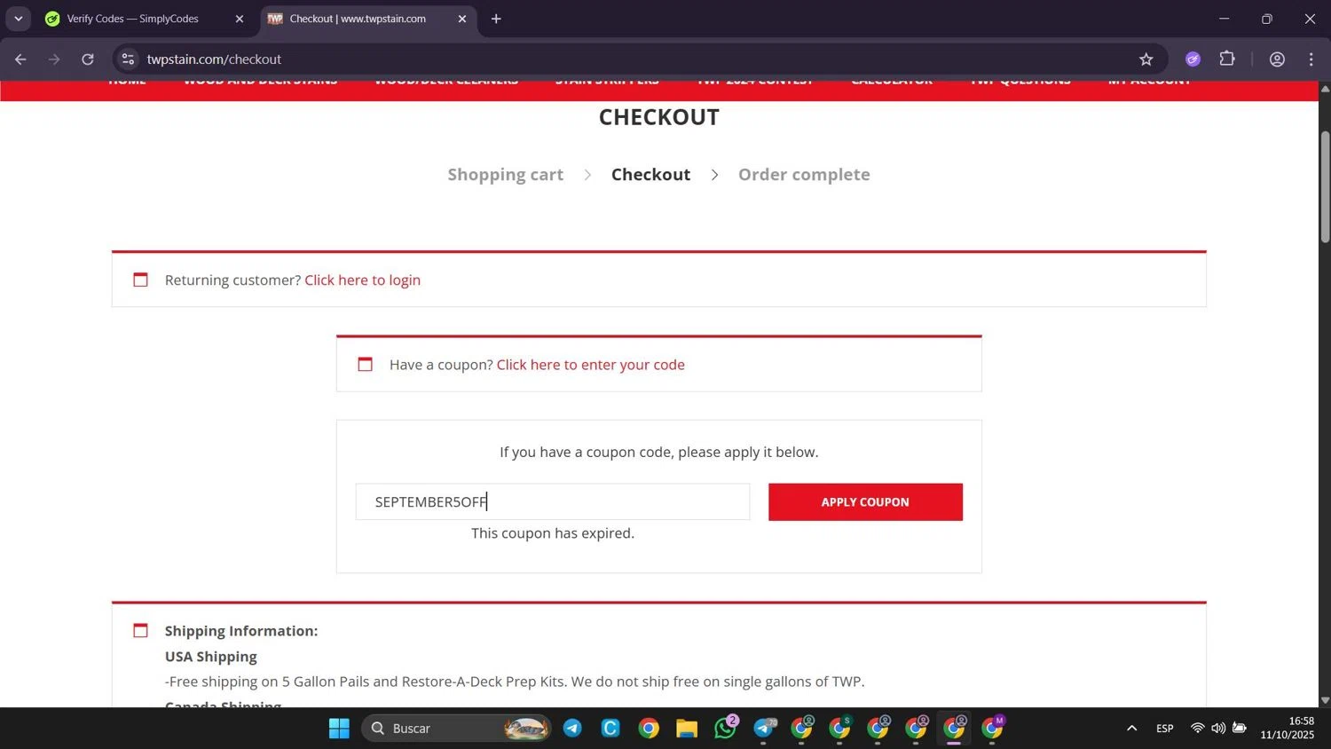 TWP Stain promo code screenshot showing code SEPTEMBER5OFF applied at TWP Stain checkout page. Uploaded by SimplyCodes community member Puppet on Oct 11, 2025