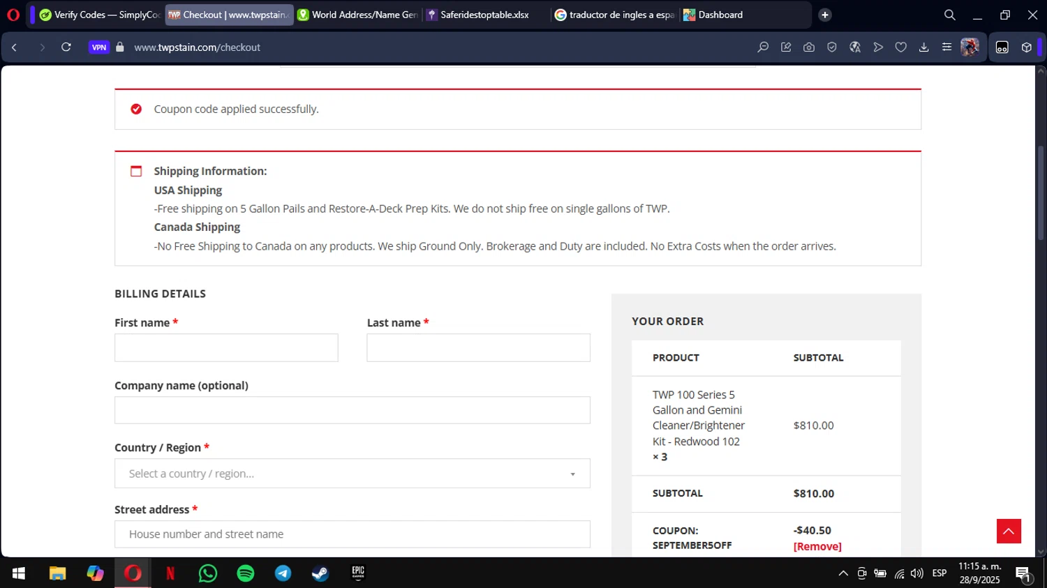 TWP Stain promo code screenshot showing code SEPTEMBER5OFF applied at TWP Stain checkout page. Uploaded by SimplyCodes community member mimusuky1 on Sep 28, 2025