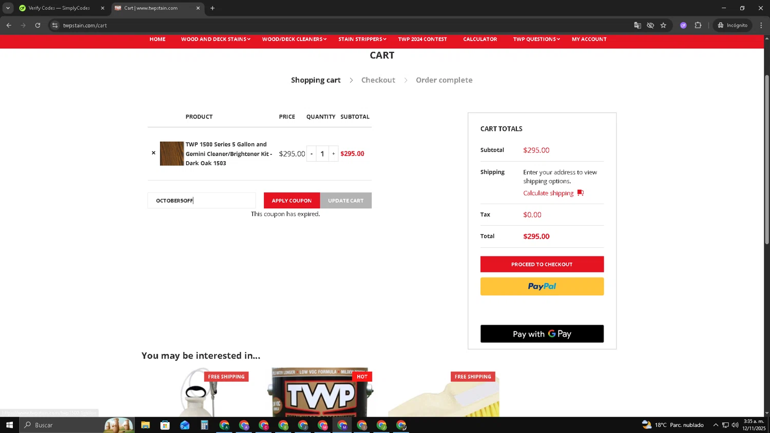TWP Stain promo code screenshot showing code october5off applied at TWP Stain checkout page. Uploaded by SimplyCodes community member CRF250CC on Nov 12, 2025