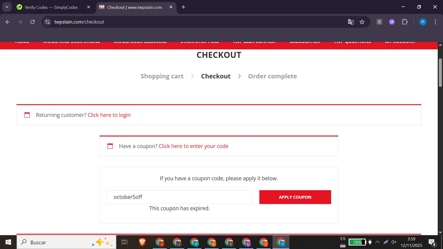 TWP Stain promo code screenshot showing code october5off applied at TWP Stain checkout page. Uploaded by SimplyCodes community member VoucherDefender1570 on Nov 12, 2025