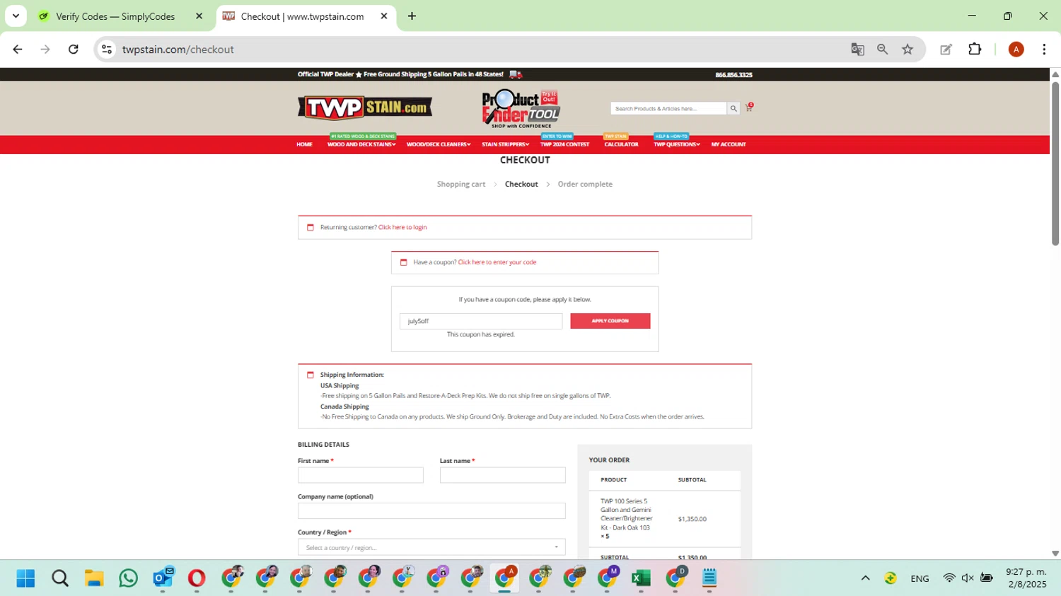 TWP Stain promo code screenshot showing code july5off applied at TWP Stain checkout page. Uploaded by SimplyCodes community member FundoKadmiel on Aug 3, 2025