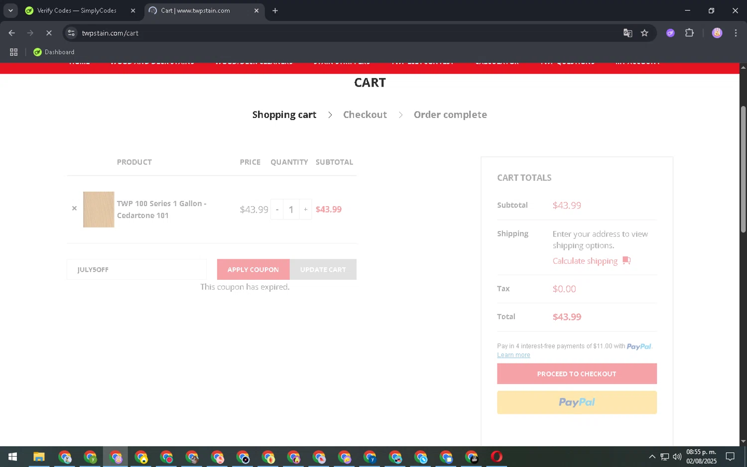 TWP Stain promo code screenshot showing code july5off applied at TWP Stain checkout page. Uploaded by SimplyCodes community member ExtraordinaryExpert2592 on Aug 3, 2025