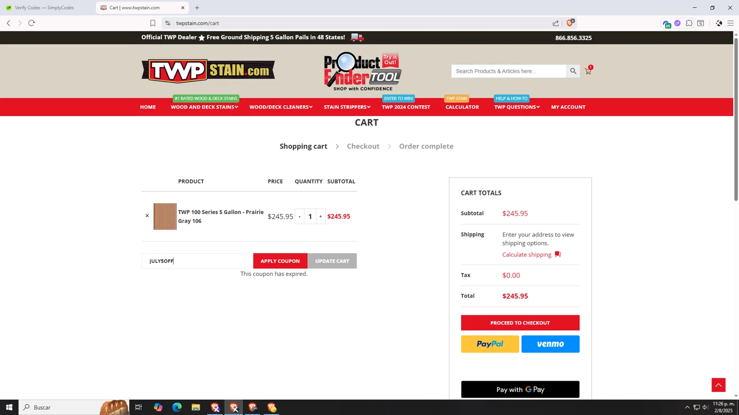 TWP Stain promo code screenshot showing code july5off applied at TWP Stain checkout page. Uploaded by SimplyCodes community member VictoriousDefender7352 on Aug 3, 2025