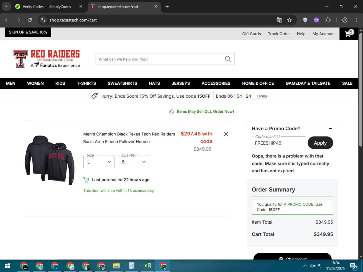 Texas Tech Red Raiders Shop promo code screenshot showing code FREESHIP49 applied at Texas Tech Red Raiders Shop checkout page. Uploaded by SimplyCodes community member Elwao0213 on Feb 11, 2026