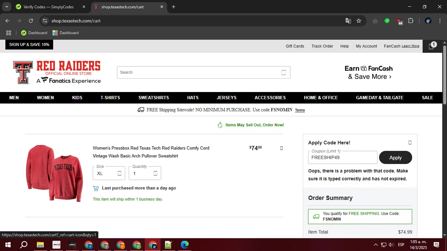 Texas Tech Red Raiders Shop promo code screenshot showing code FREESHIP49 applied at Texas Tech Red Raiders Shop checkout page. Uploaded by SimplyCodes community member BudgetOwl2519 on Mar 14, 2025