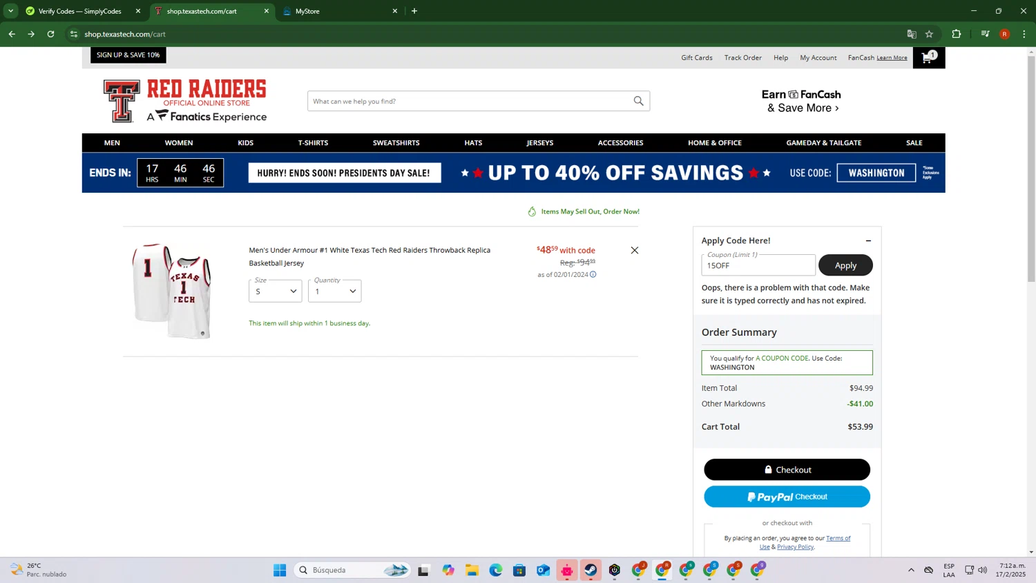 Texas Tech Red Raiders Shop promo code screenshot showing code 15OFF applied at Texas Tech Red Raiders Shop checkout page. Uploaded by SimplyCodes community member RubiDg on Feb 17, 2025