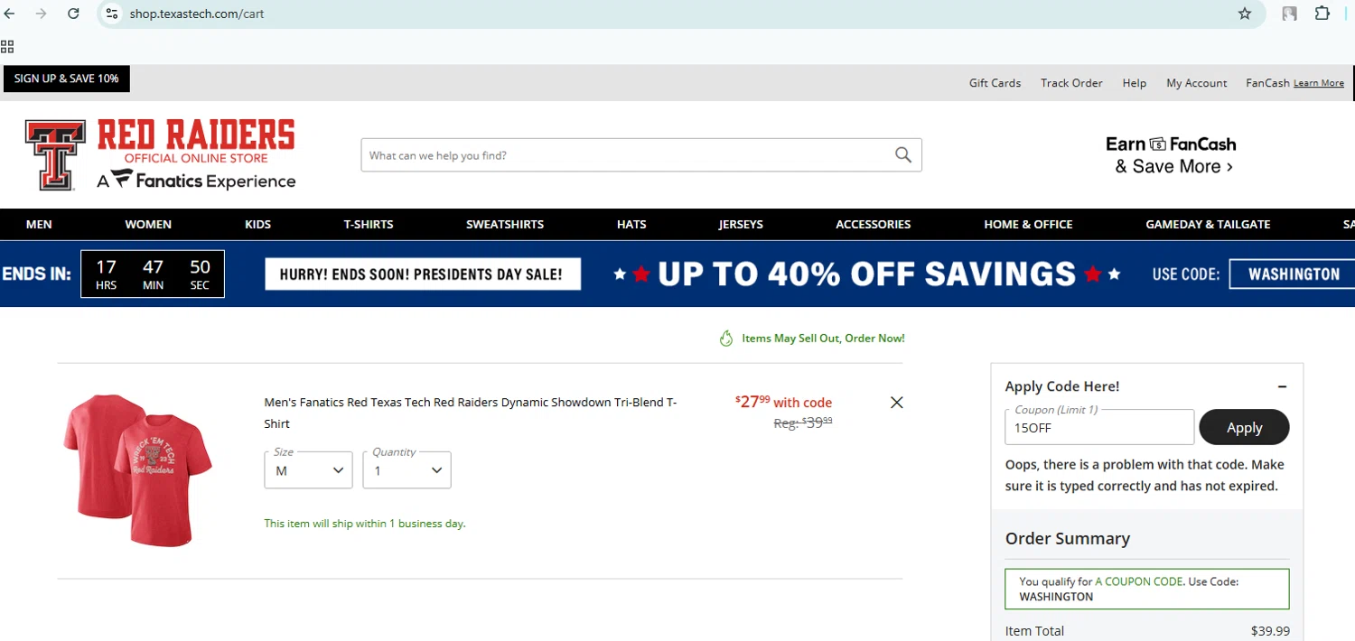 Texas Tech Red Raiders Shop promo code screenshot showing code 15OFF applied at Texas Tech Red Raiders Shop checkout page. Uploaded by SimplyCodes community member DiscountHero6788 on Feb 17, 2025