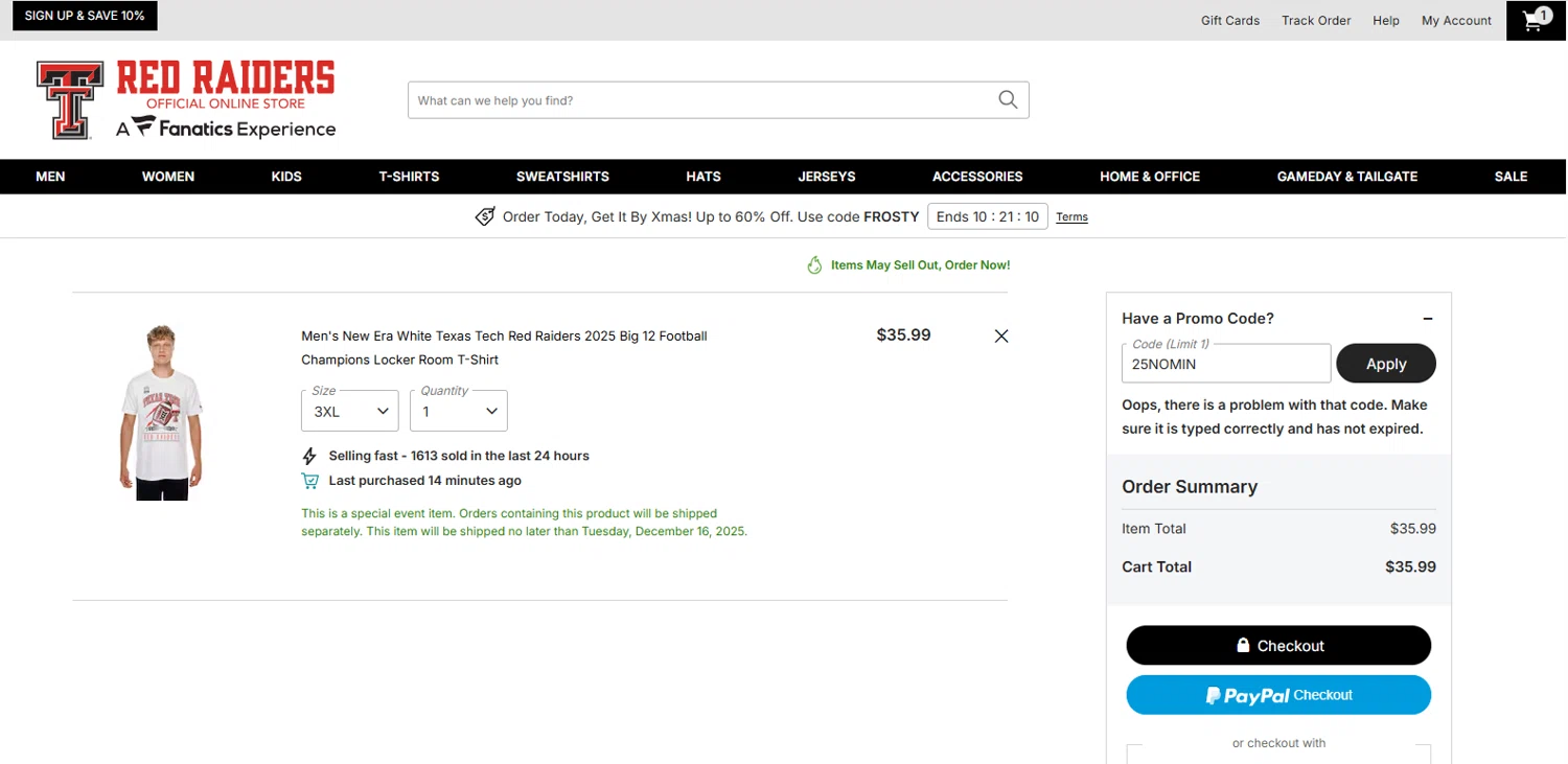 Texas Tech Red Raiders Shop promo code screenshot showing code 25NOMIN applied at Texas Tech Red Raiders Shop checkout page. Uploaded by SimplyCodes community member MagnifiHero3476 on Dec 7, 2025