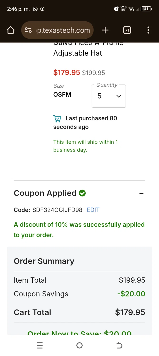 Texas Tech Red Raiders Shop promo code screenshot showing code SDF324OGIJFD98 applied at Texas Tech Red Raiders Shop checkout page. Uploaded by SimplyCodes community member Typer19 on Oct 27, 2025
