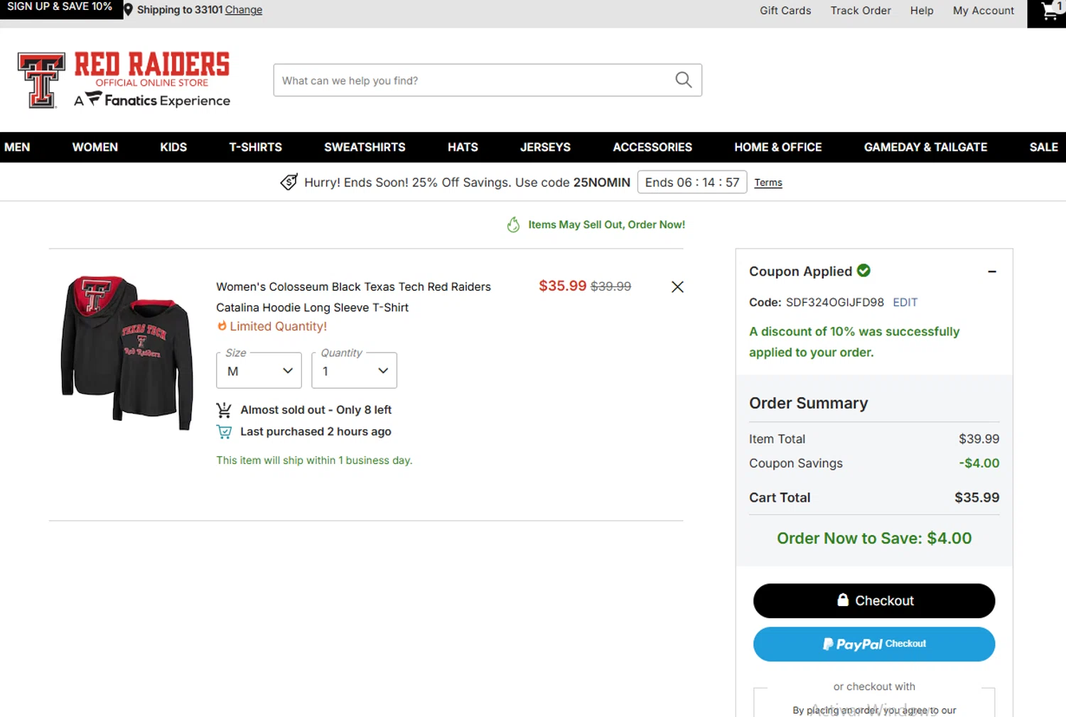 Texas Tech Red Raiders Shop promo code screenshot showing code SDF324OGIJFD98 applied at Texas Tech Red Raiders Shop checkout page. Uploaded by SimplyCodes community member VoucherVirtuoso2520 on Nov 2, 2025