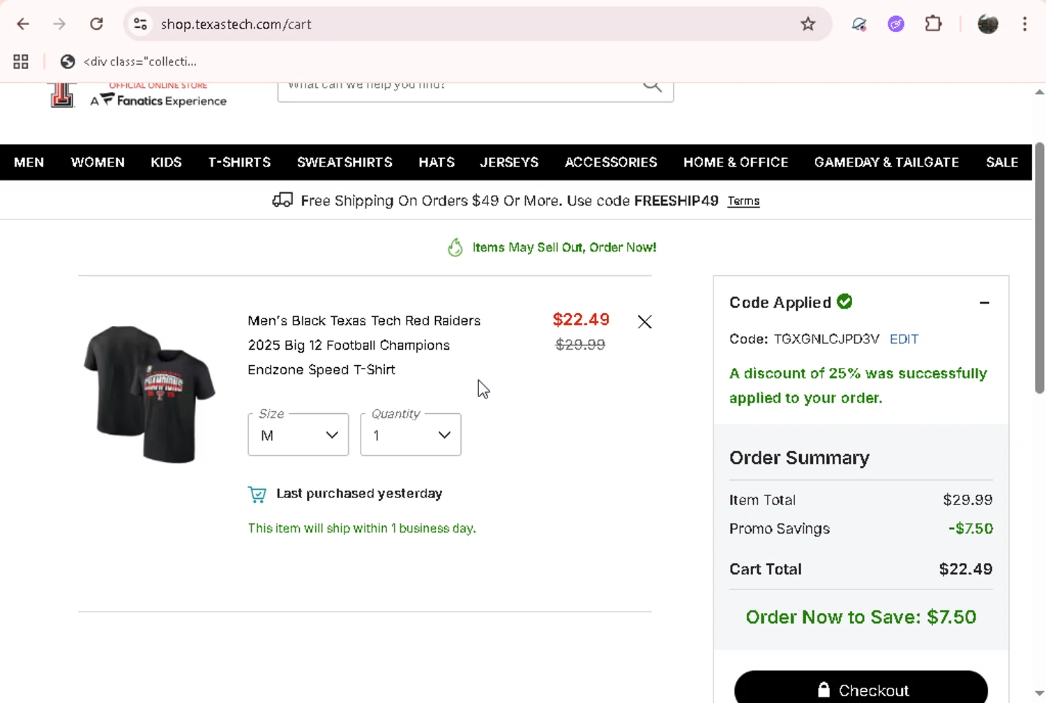Texas Tech Red Raiders Shop checkout page showing Texas Tech Red Raiders Shop promo code box | Screenshot taken by SimplyCodes community member on Jan 16, 2026