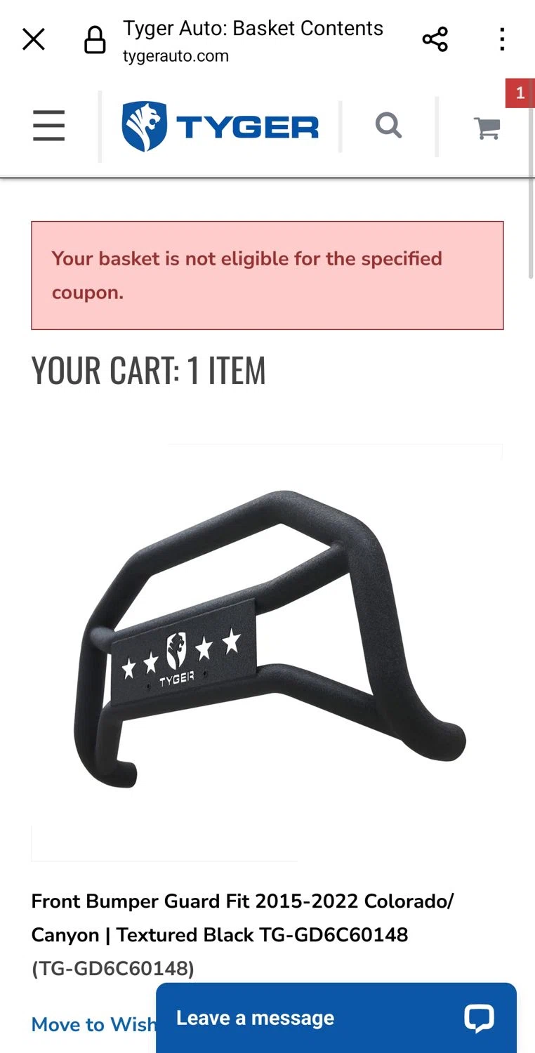 TYGER Auto checkout page showing TYGER Auto promo code box | Screenshot taken by SimplyCodes community member on Dec 30, 2024