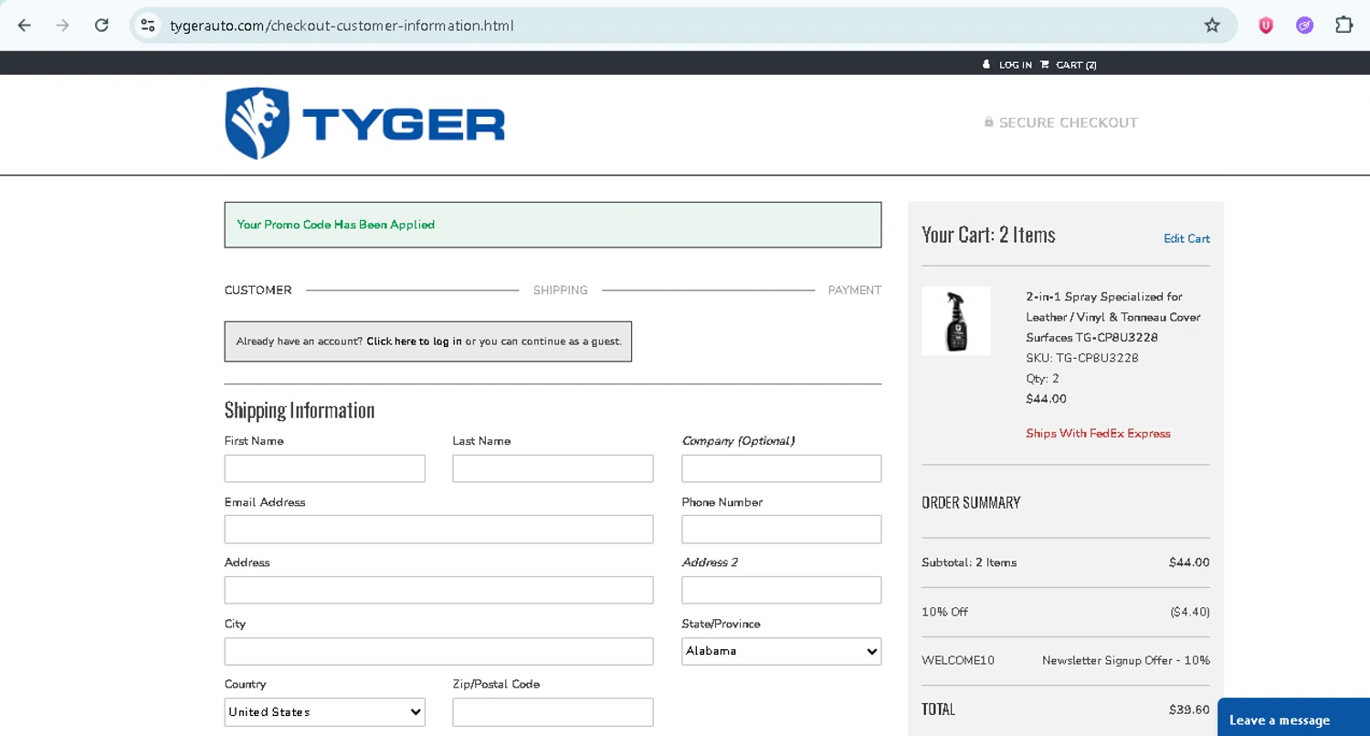 TYGER Auto checkout page showing TYGER Auto promo code box | Screenshot taken by SimplyCodes community member on Jun 29, 2025