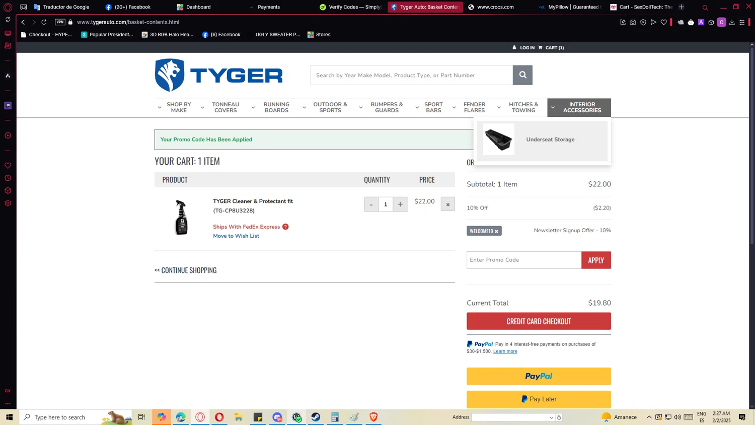 TYGER Auto checkout page showing TYGER Auto promo code box | Screenshot taken by SimplyCodes community member on Feb 2, 2025