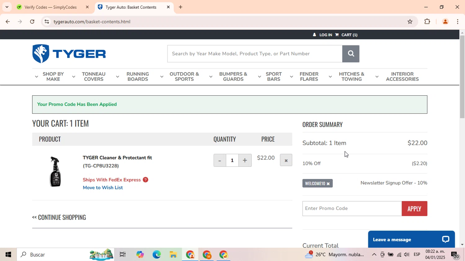 TYGER Auto checkout page showing TYGER Auto promo code box | Screenshot taken by SimplyCodes community member on Jan 4, 2025