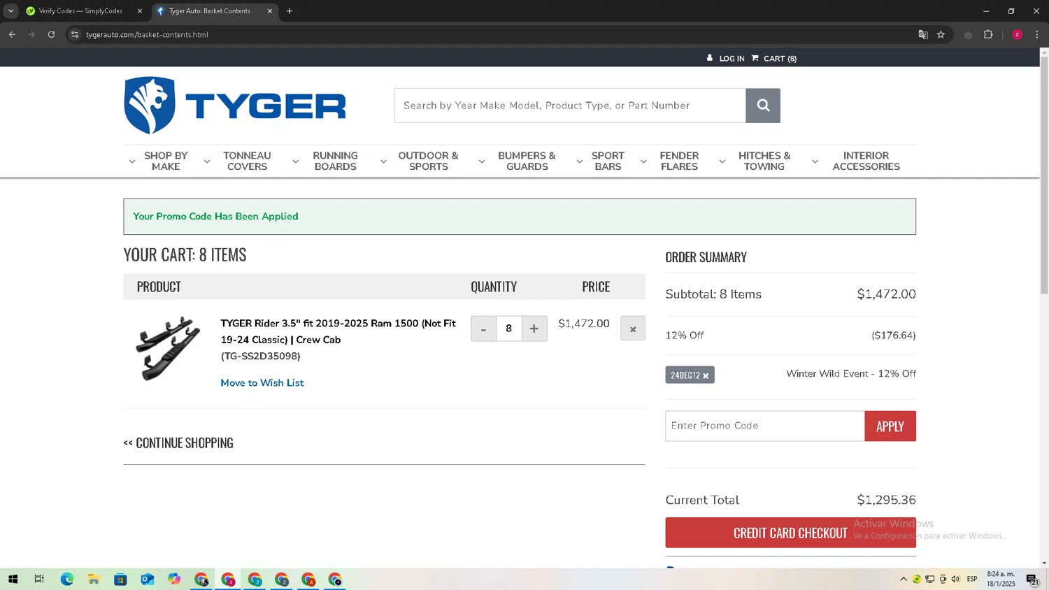 TYGER Auto checkout page showing TYGER Auto promo code box | Screenshot taken by SimplyCodes community member on Jan 18, 2025