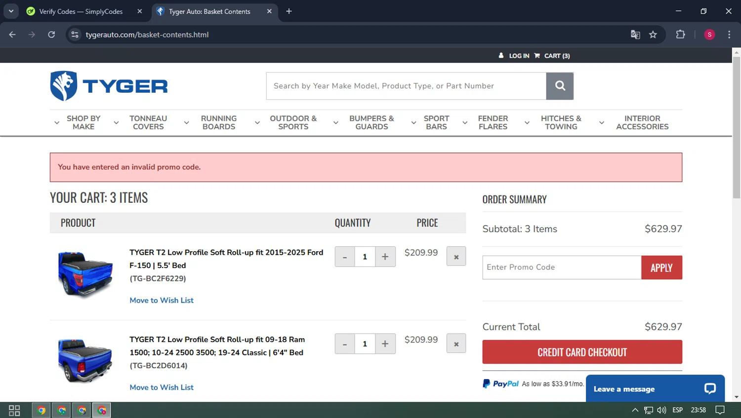 TYGER Auto promo code screenshot showing code 24DEC12 applied at TYGER Auto checkout page. Uploaded by SimplyCodes community member ELMORADO on Feb 17, 2025
