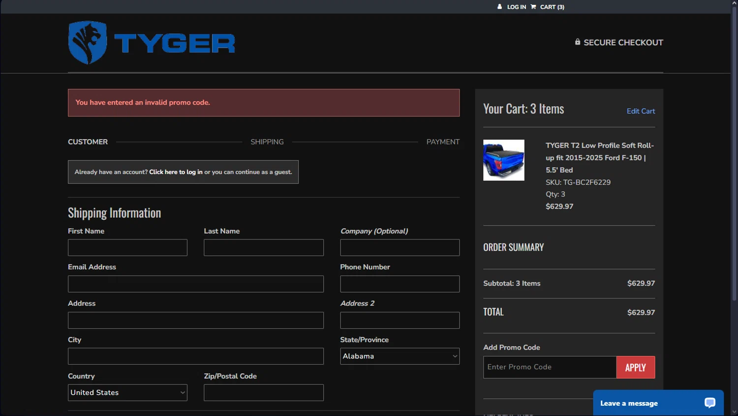 TYGER Auto promo code screenshot showing code 24DEC12 applied at TYGER Auto checkout page. Uploaded by SimplyCodes community member ScanEagle5120 on Feb 17, 2025