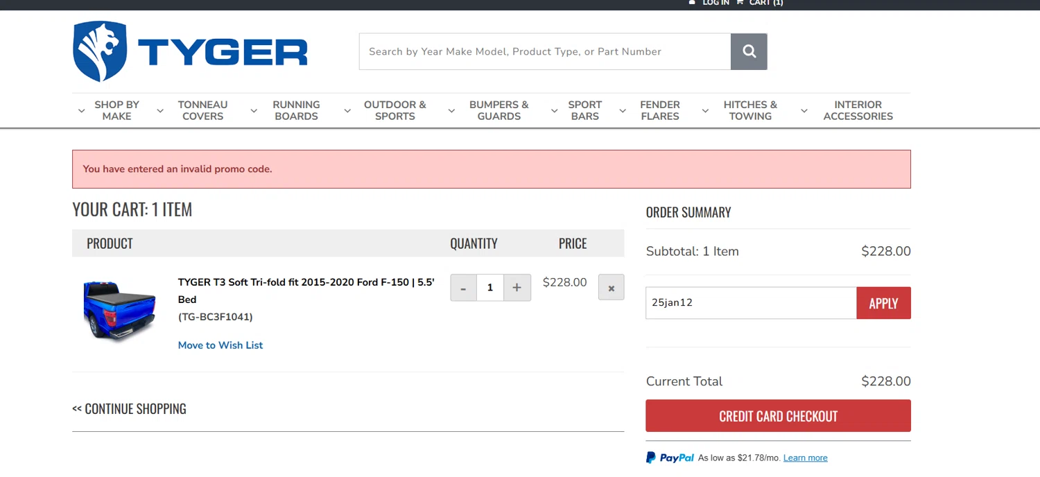 TYGER Auto promo code screenshot showing code 25jan12 applied at TYGER Auto checkout page. Uploaded by SimplyCodes community member TreasureHunter1621 on Feb 26, 2025