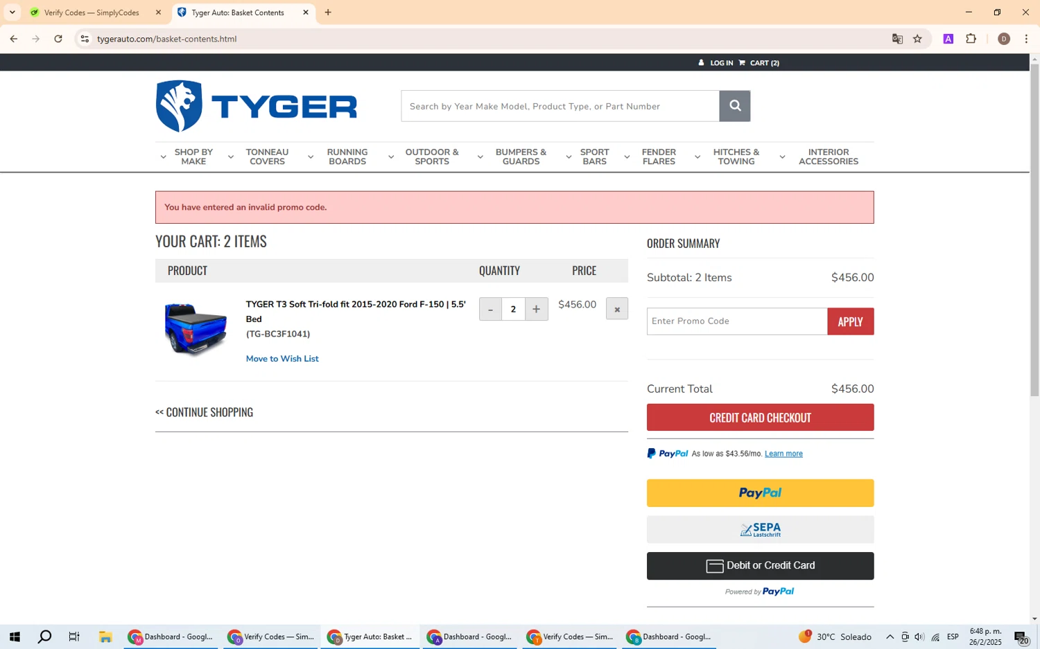 TYGER Auto promo code screenshot showing code 25jan12 applied at TYGER Auto checkout page. Uploaded by SimplyCodes community member BrilliantWizard8884 on Feb 26, 2025