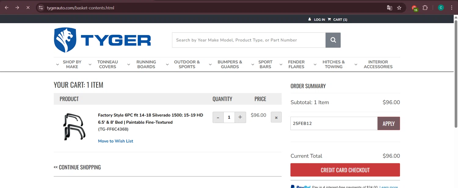 TYGER Auto promo code screenshot showing code 25FEB12 applied at TYGER Auto checkout page. Uploaded by SimplyCodes community member Negritoo on Mar 15, 2025