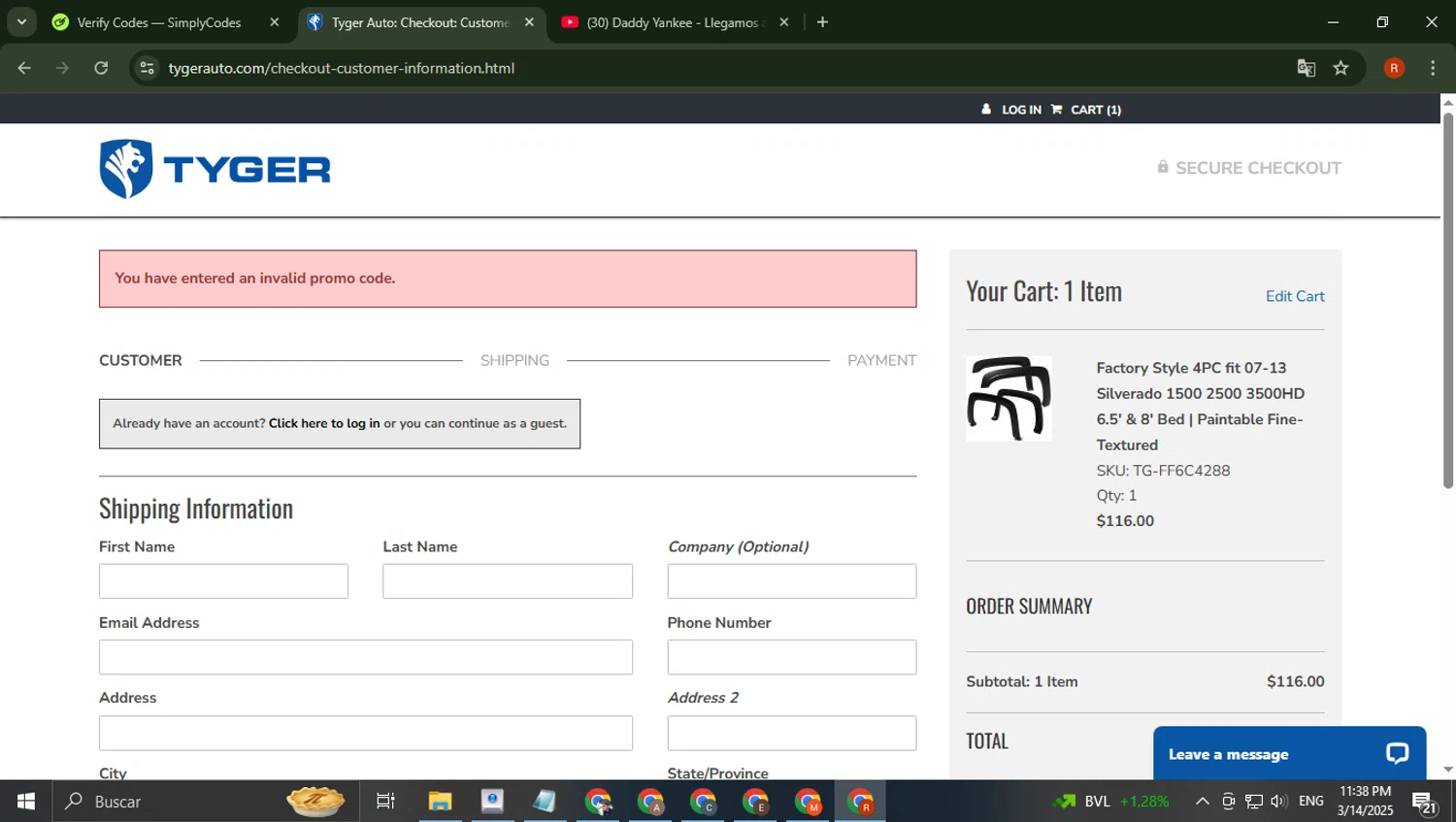 TYGER Auto promo code screenshot showing code 25FEB12 applied at TYGER Auto checkout page. Uploaded by SimplyCodes community member robertotorrealba on Mar 15, 2025