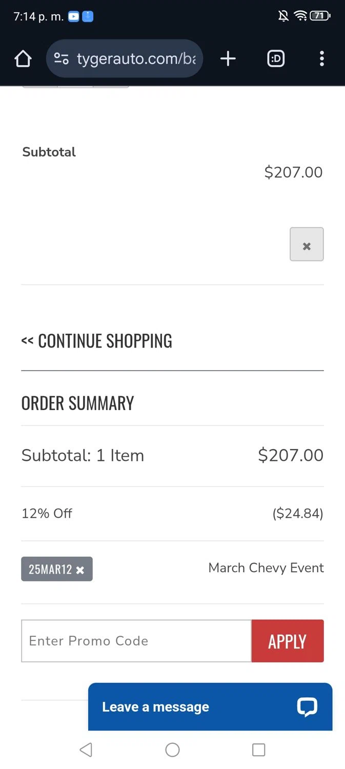 TYGER Auto checkout page showing TYGER Auto promo code box | Screenshot taken by SimplyCodes community member on Mar 27, 2025