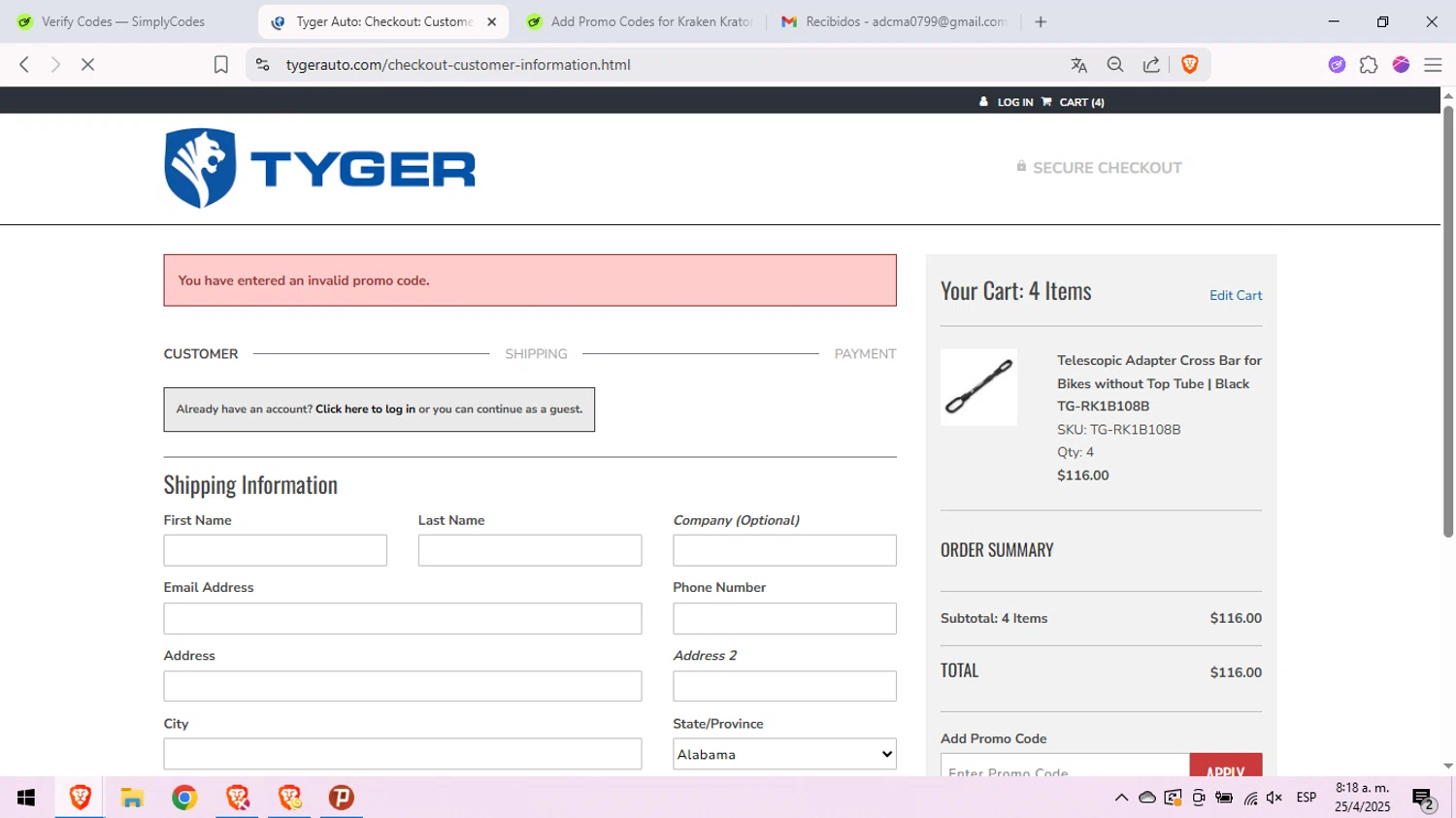 TYGER Auto promo code screenshot showing code 25MAR12 applied at TYGER Auto checkout page. Uploaded by SimplyCodes community member peachee on Apr 25, 2025
