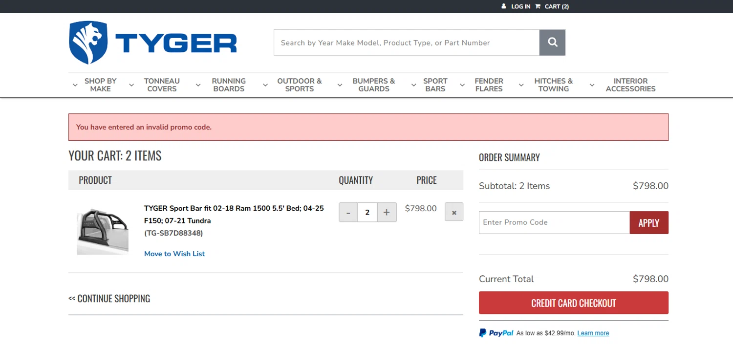 TYGER Auto promo code screenshot showing code 25MAR12 applied at TYGER Auto checkout page. Uploaded by SimplyCodes community member r0bertic0x222 on Apr 25, 2025