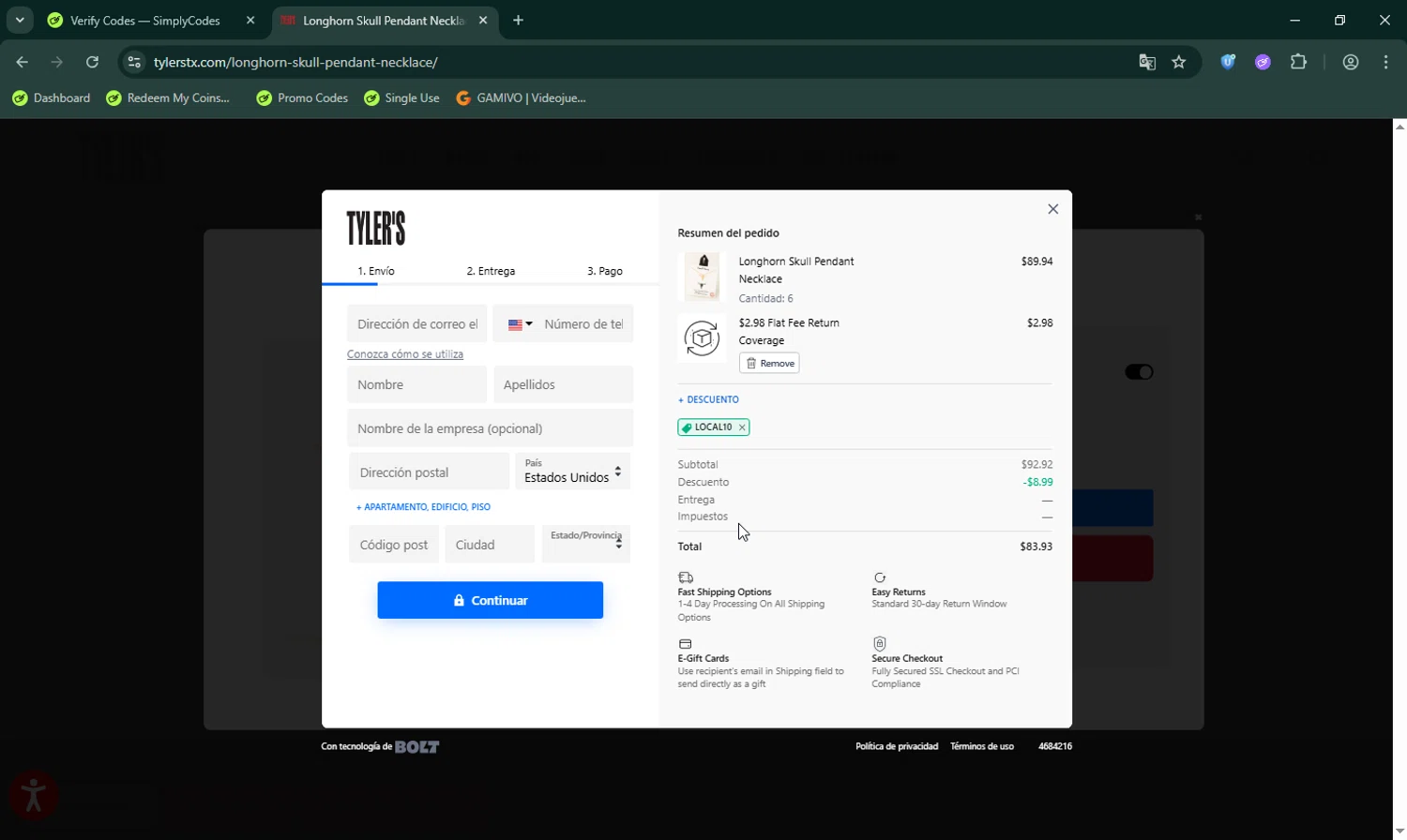 Tylers coupon code screenshot showing code LOCAL10 applied at Tylers checkout page. Uploaded by SimplyCodes community member LHaunter on Oct 1, 2025