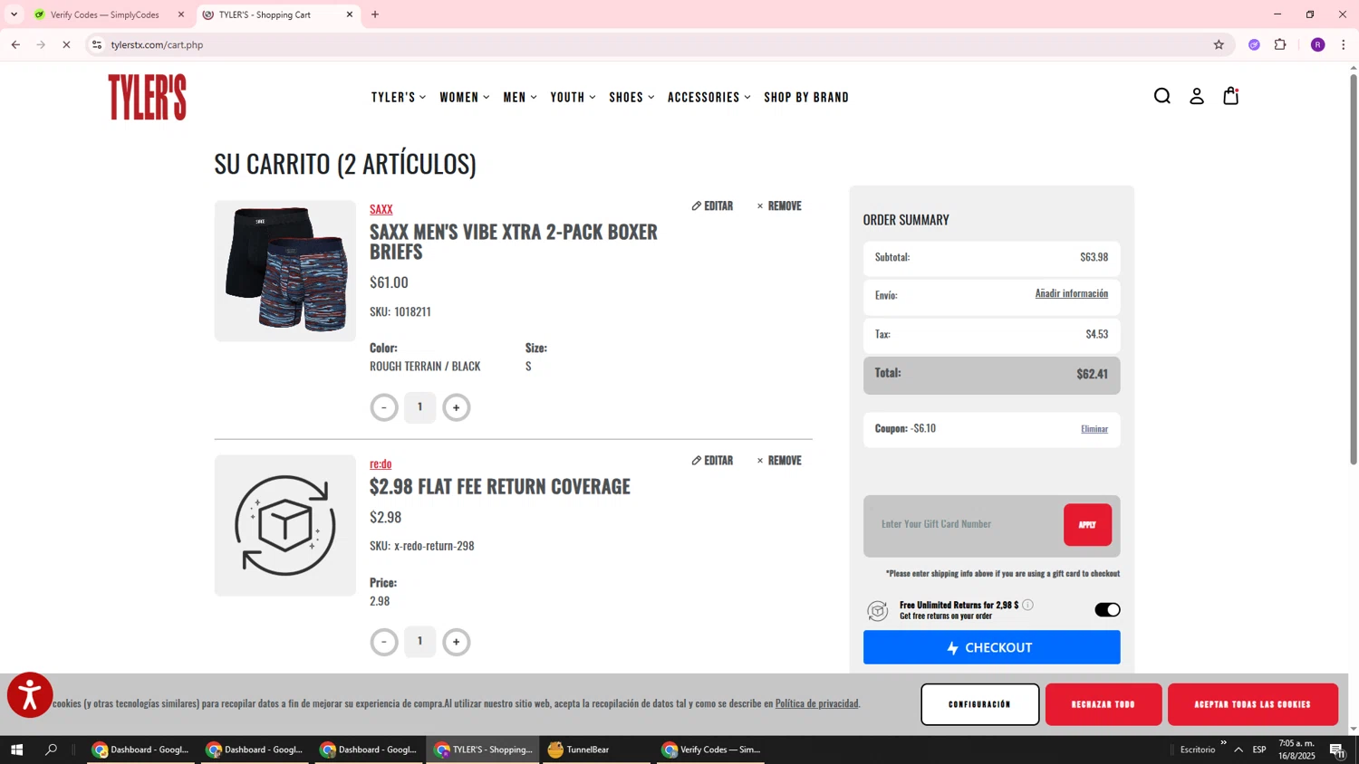 Tylers coupon code screenshot showing code LOCAL10 applied at Tylers checkout page. Uploaded by SimplyCodes community member ukemochi on Aug 16, 2025