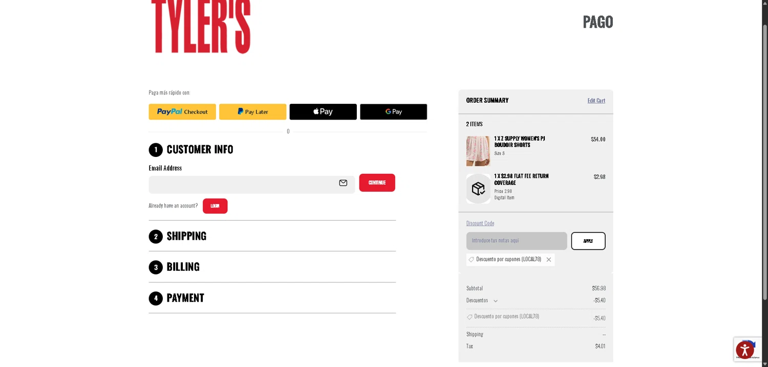 Tylers checkout page showing Tylers coupon code box | Screenshot taken by SimplyCodes community member on Feb 5, 2026