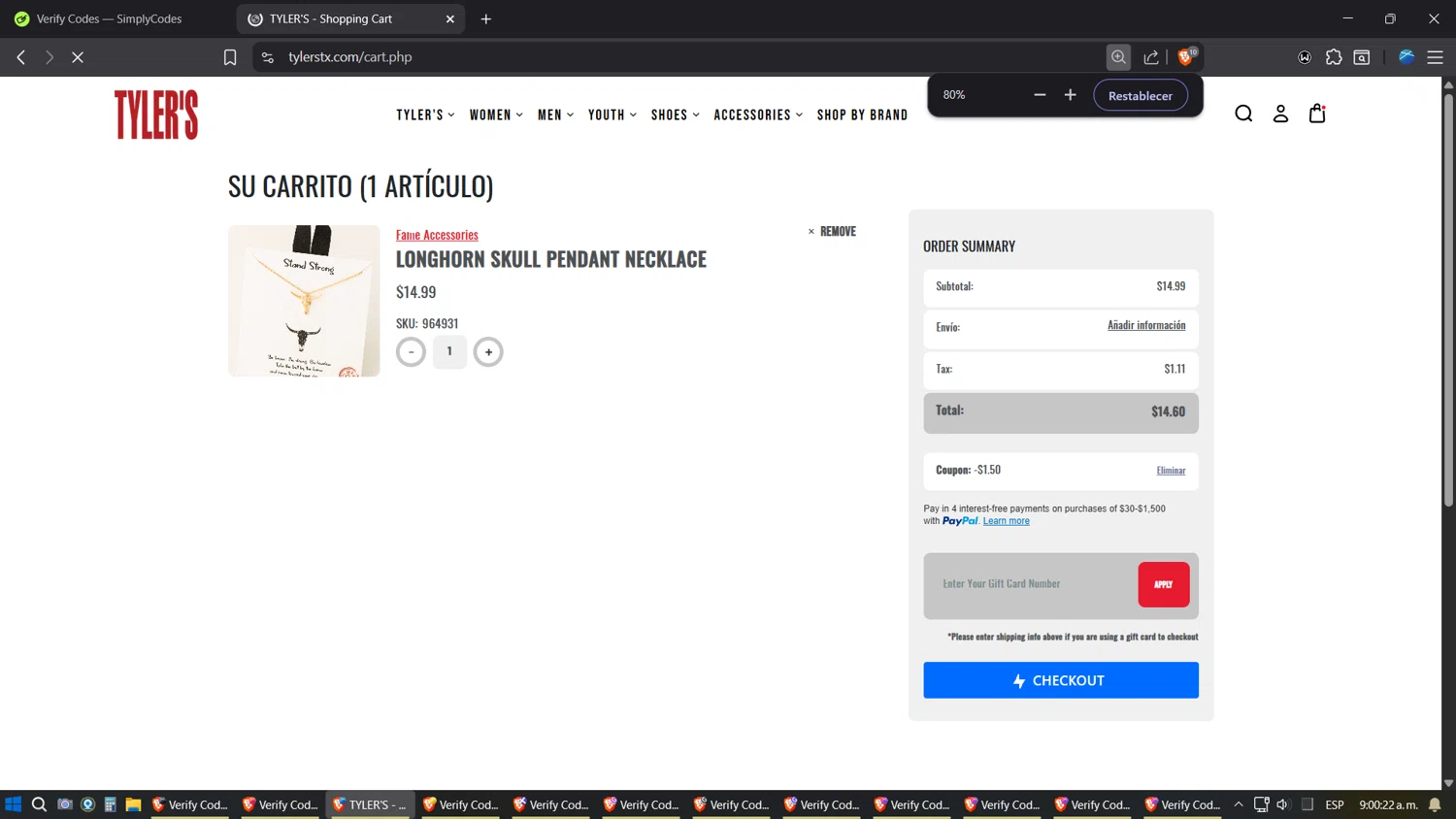 Tylers coupon code screenshot showing code LOCAL78 applied at Tylers checkout page. Uploaded by SimplyCodes community member Jgomez on Oct 4, 2025