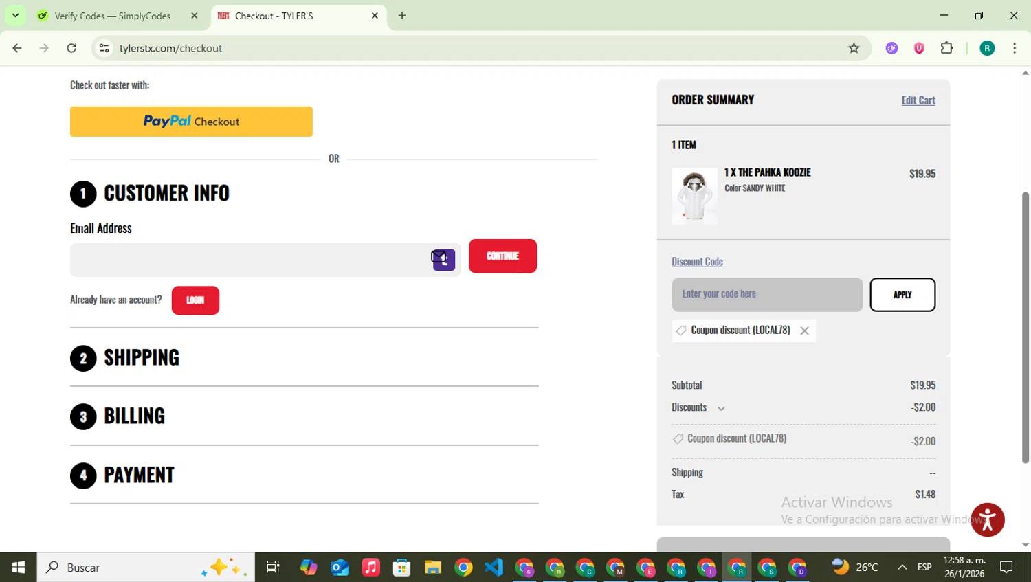 Tylers checkout page showing Tylers coupon code box | Screenshot taken by SimplyCodes community member on Jan 26, 2026