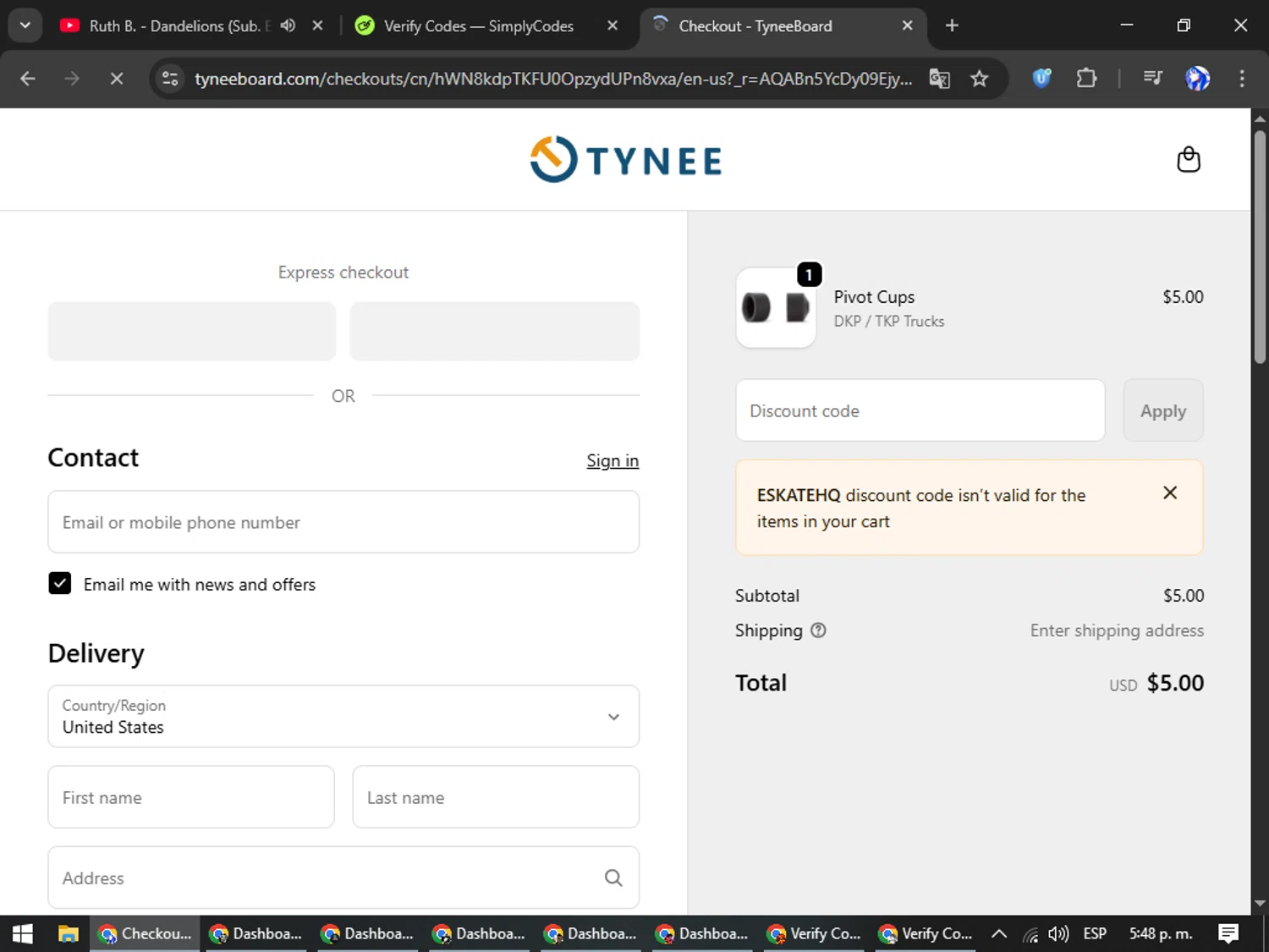 Tynee Board checkout page showing Tynee Board discount code box | Screenshot taken by SimplyCodes community member on Feb 13, 2026