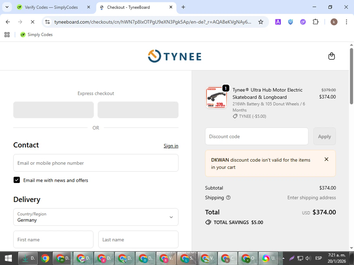 Tynee Board discount code screenshot showing code DKWAN applied at Tynee Board checkout page. Uploaded by SimplyCodes community member RewardRanger298 on Jan 20, 2026