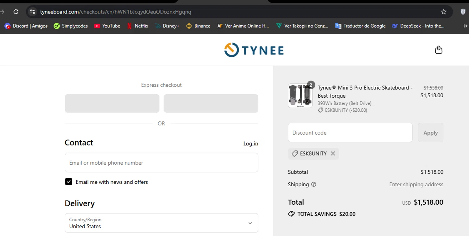 Tynee Board discount code screenshot showing code esk8unity applied at Tynee Board checkout page. Uploaded by SimplyCodes community member Hisoka on Aug 9, 2025
