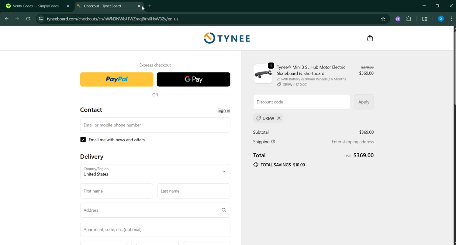 Tynee Board discount code screenshot showing code DREW applied at Tynee Board checkout page. Uploaded by SimplyCodes community member GoldChaser6627 on Sep 25, 2025