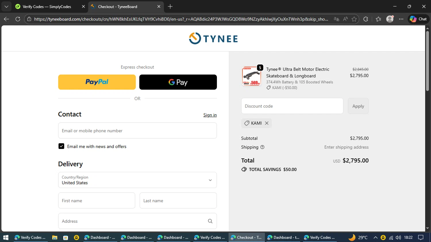Tynee Board checkout page showing Tynee Board discount code box | Screenshot taken by SimplyCodes community member on Feb 13, 2026