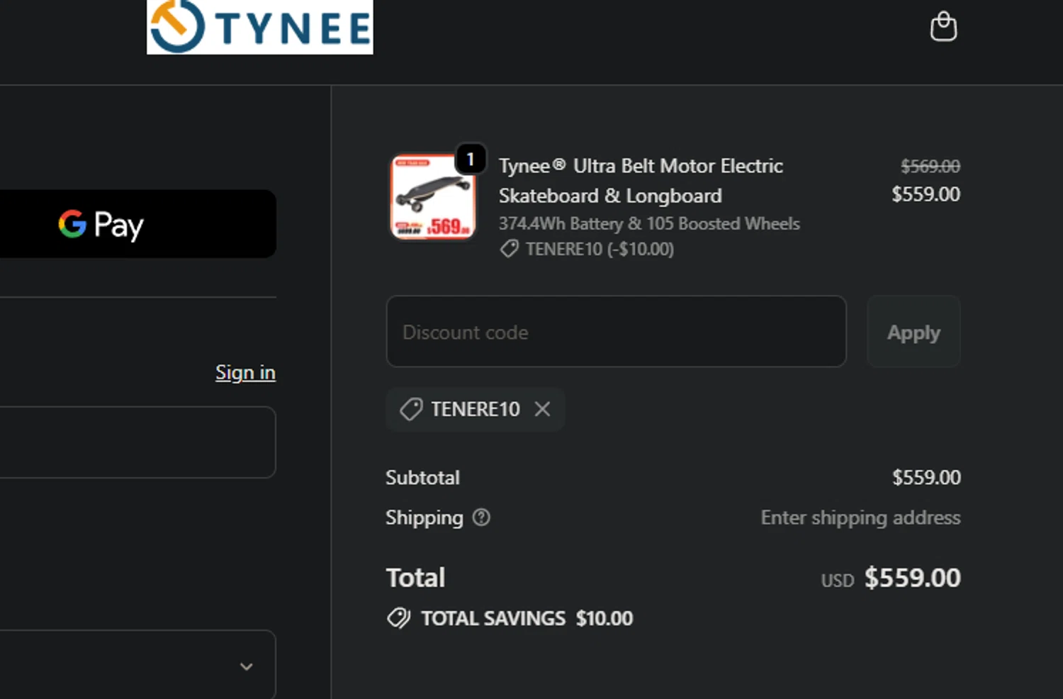 Tynee Board checkout page showing Tynee Board discount code box | Screenshot taken by SimplyCodes community member on Feb 13, 2026