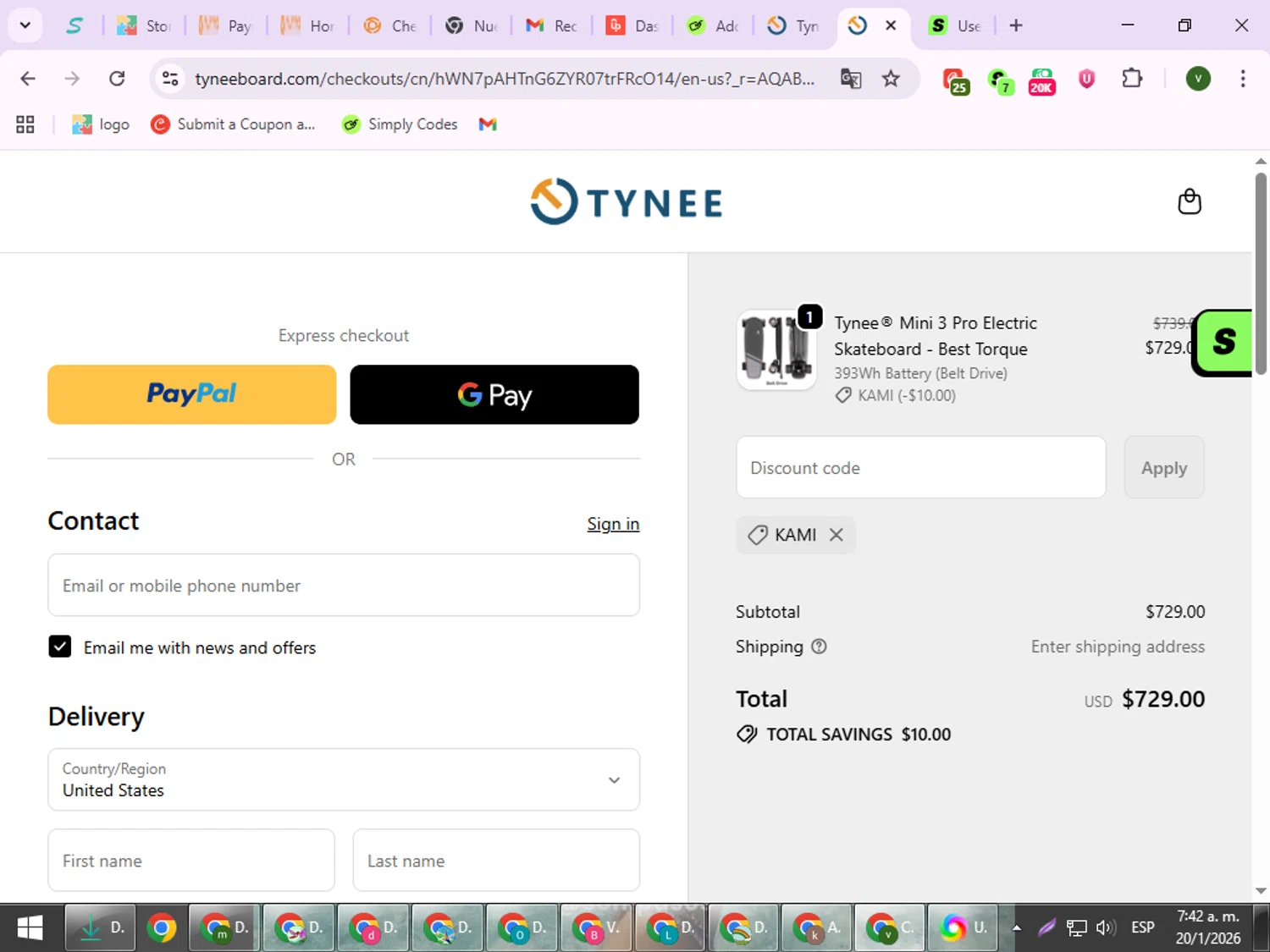 Tynee Board discount code screenshot showing code KAMI applied at Tynee Board checkout page. Uploaded by SimplyCodes community member ShrewdSpotter4101 on Jan 20, 2026